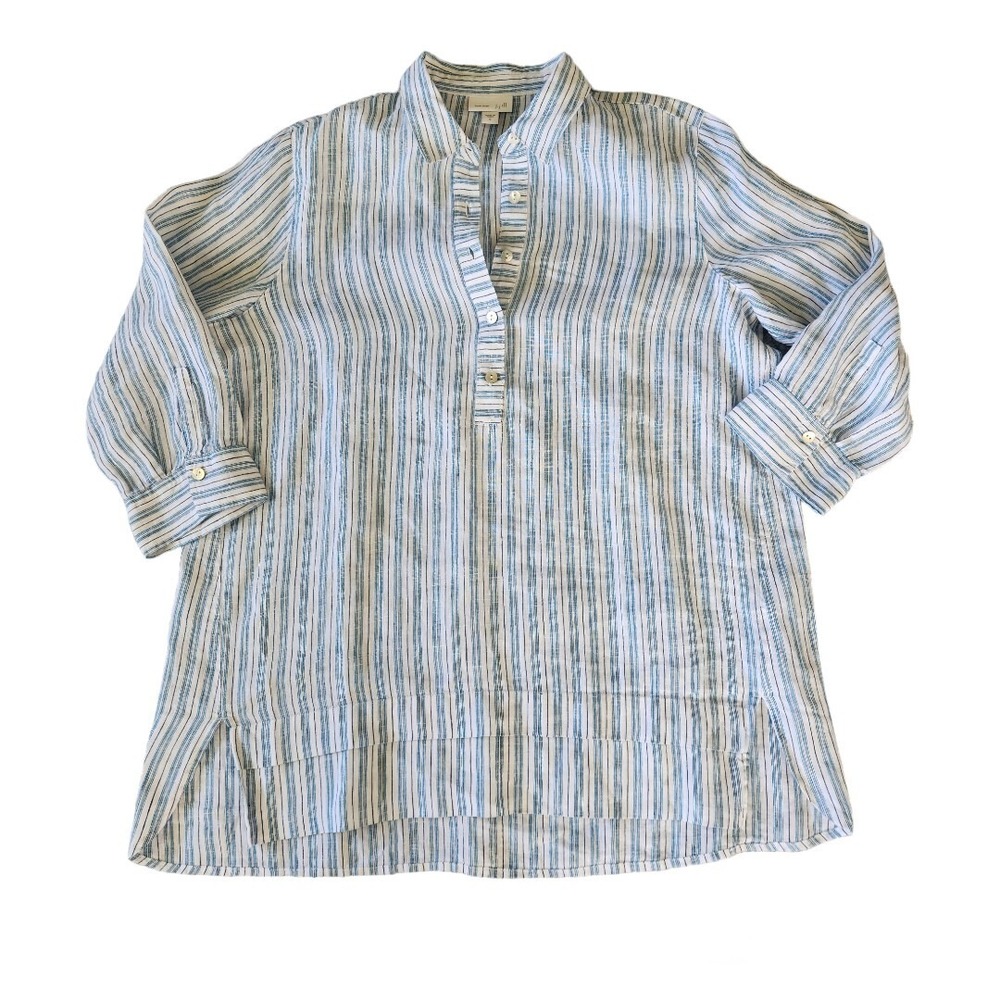 J.Jill Love Linen Tunic Top Women's S Blue Stripe Button 100% Linen Boho Coastal